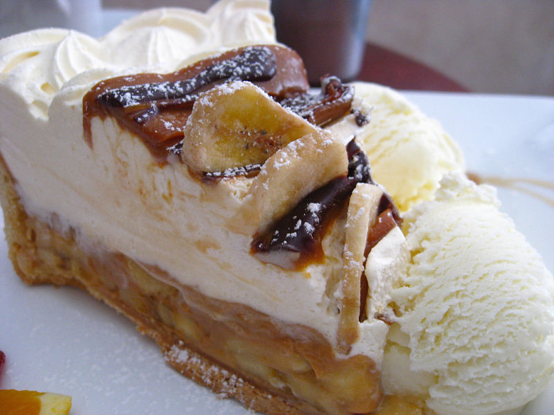 Banoffee pie (short for banana toffee dessert), an English dessert made from bananas, cream and boiled condensed milk