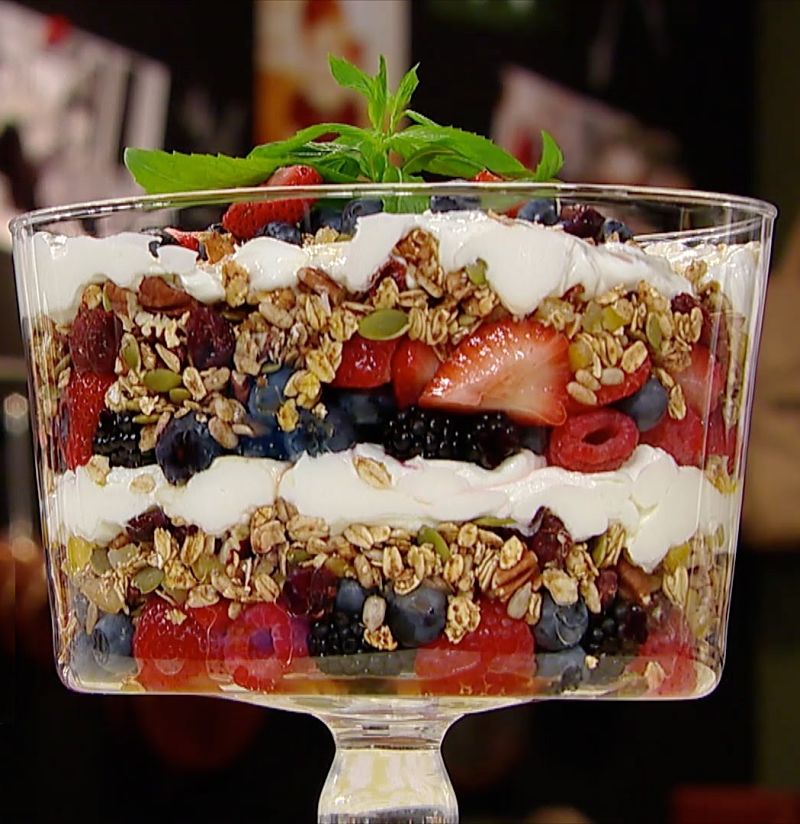 The art for a breakfast trifle lies in the layering which is accentuated in a clear glass bowl.