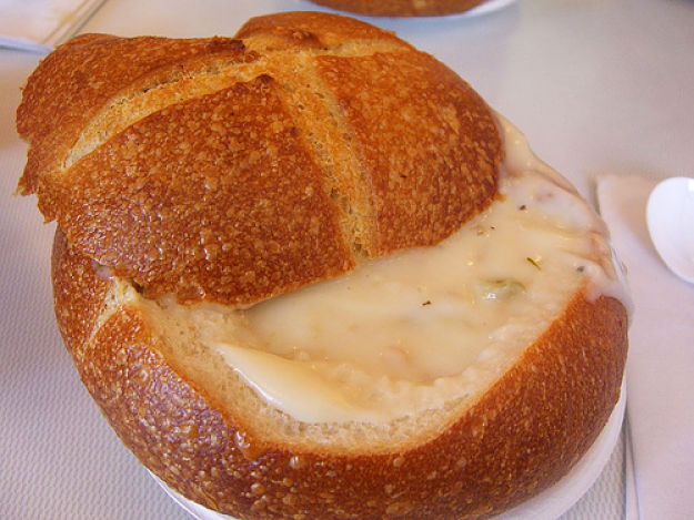 Chowder can be served with rolls that have the bread inside removed. See this and an array of other recipes in this article