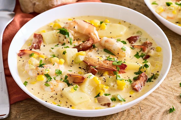 Prawn, potato and chorizo chowder - one of the great variations in this article about how to make clam chowder at home