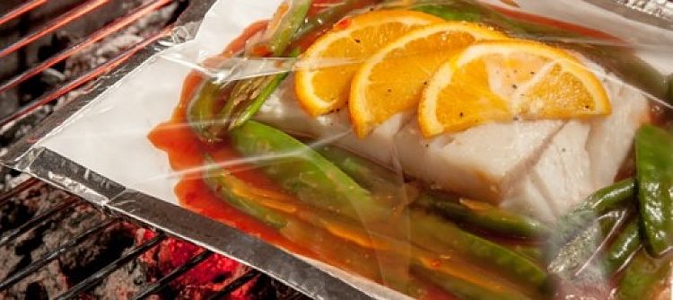 Stunning seafood dish cooked on an open flame barbecue using the special BBQ bag with foil bas and plastic top to retain moisture