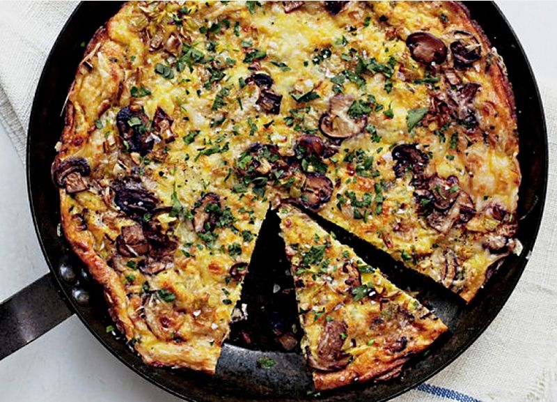 One pan Frittata is cooked in a single heavy metal pan. The filling is cooked and heated first. The beaten eggs are added and the pan is placed in the oven