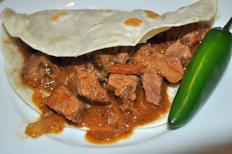 Carne Guisada with hot green chilles is idea for soft tacos