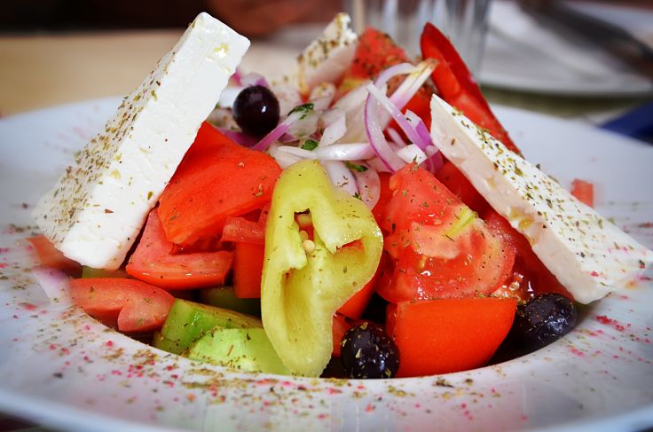 The Classic Greek salad has few ingredients and the feta is not crumbled