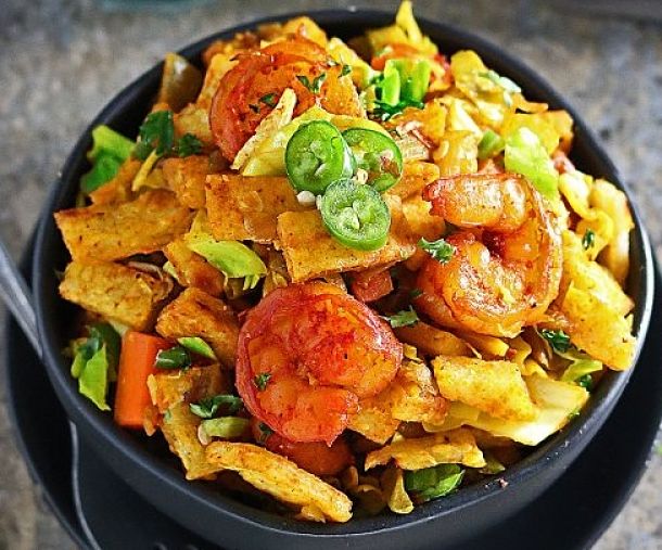 Shrimp and other seafood can be added to a spicy, vegetable Kottu Roti to make a wonderful meal or party food 