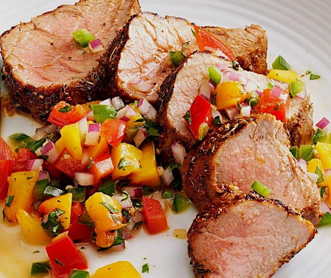 Caribbean-Spiced Pork Tenderloin with Peach Salsa - try the other recipes and follow the tips in this article highlighting how to pair meat with fruit