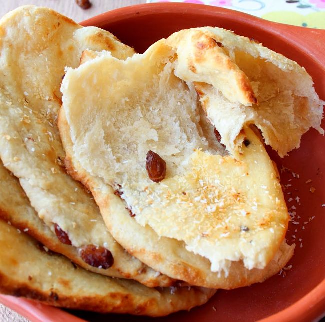 Peshwari Naan is filled with almonds, dried fruit and seeds