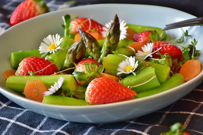 Fresh asparagus pairs well with salads and fruit either raw or lightly steam and cooled