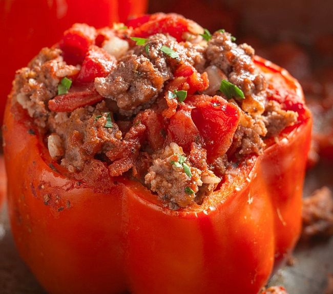 Classic Greek Style Stuffed Peppers with beef, rice and herbs