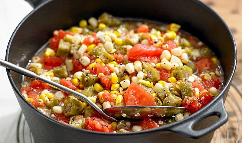 Succotash is easy to prepare as a one-pot dish in a heavy pan or Dutch Oven. It is also a Cook-Once, Eat-Twice dish that is better the next day