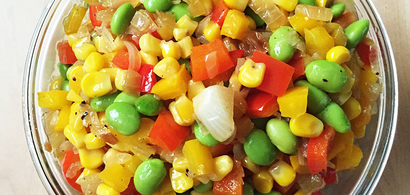 Beautiful succotash including a range of vegetable pieces about the same size ad the corn kernels.