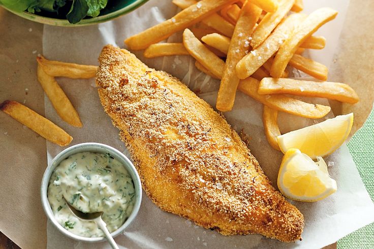 Fish, chips and salad with a delicious homemade tartar sauce made with these recipes