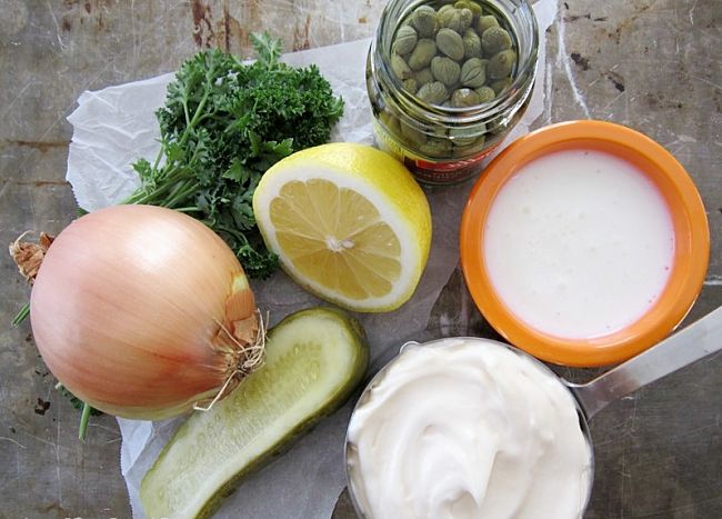 Ingredients for homemade tartar sauce - see more great recipes here