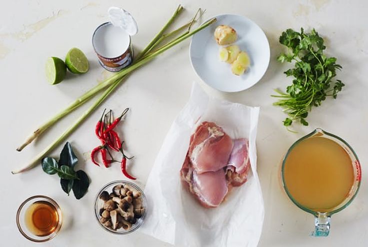 Display of ingredients used to make delicious Thai Tom Kha Gai at hoe using these simple recipes
