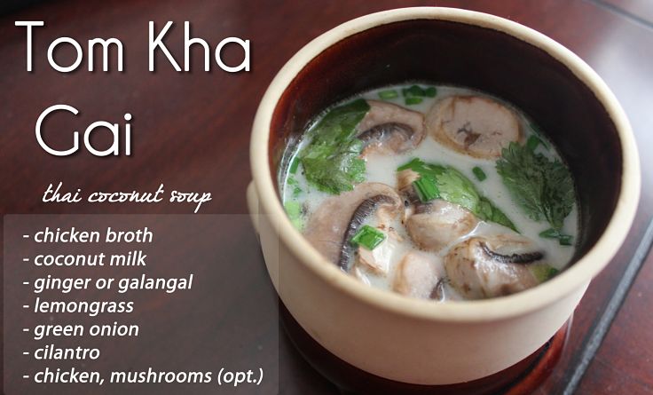 Key ingredients for Thai Tom Kha Gai - a delightful snack and light meal dish - healthy and low calorie