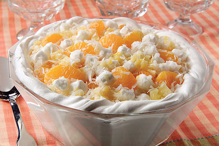 Ambrosia Fruit Salad in a meringue cloud - What a Treat!