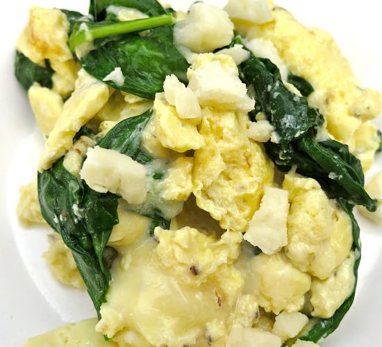 Delicious Keto Scrambled Eggs Recipe with Bacon, Feta, Spinach and Cream