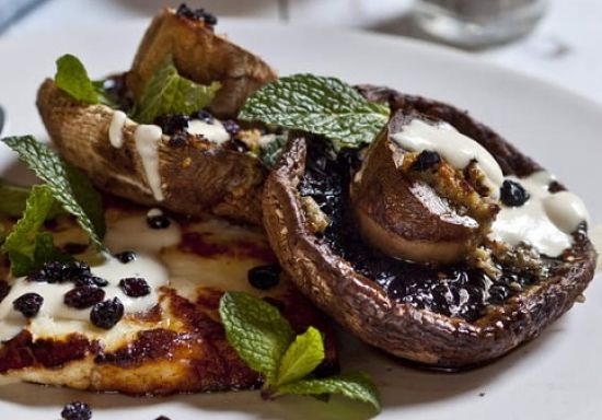 Grilled Fresh Mushrooms with Garlic, Tahini and Haloumi Breakfast Recipe