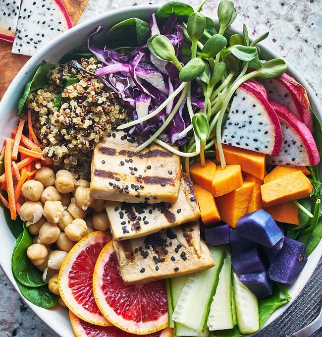 Homemade power bowls are easy to prepare from a variety of pre-cooked ingredients stored in the refrigerator