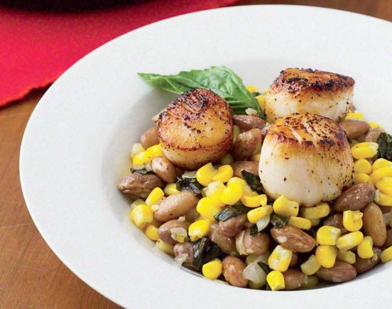 Fresh scallop succotash recipe with beans, corn and fresh herbs